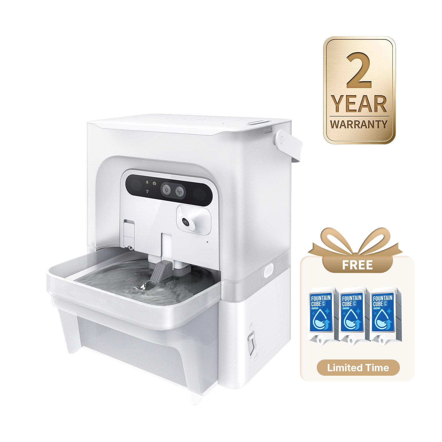 EverSweet Ultra Cat Water Fountain with 2-year warranty badge and free limited-time Fountain C gift included