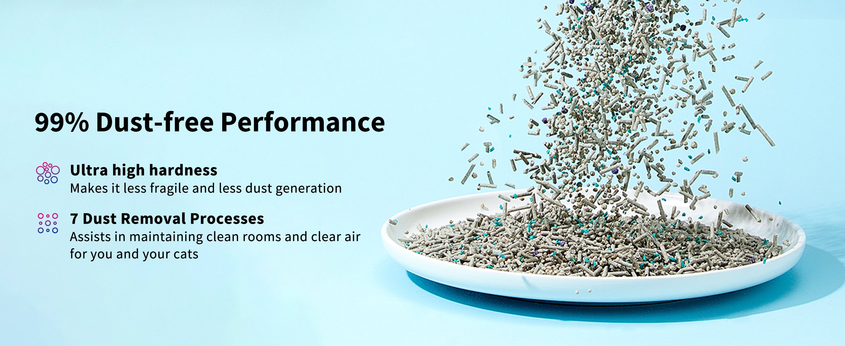 Flushable Clumping Cat Litter 99% dust-free with ultra-hard granules and 7-step dust removal process to maintain clean air and protect cats’ respiratory health