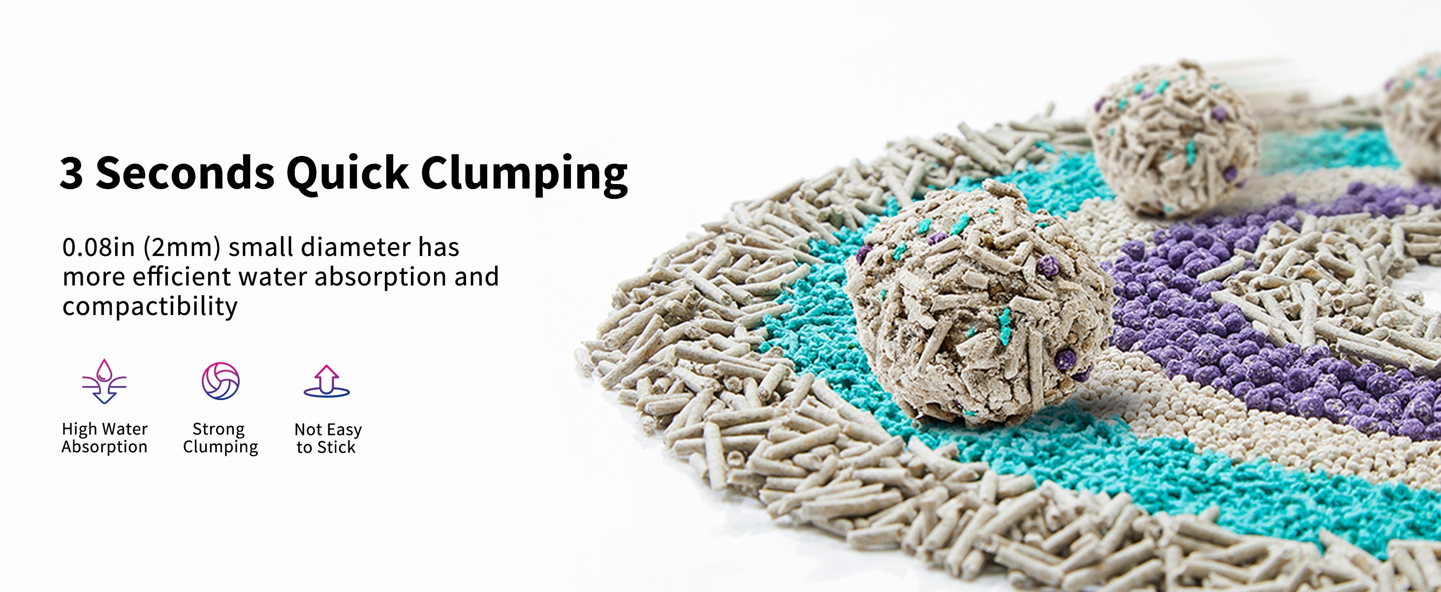 Flushable Clumping Cat Litter showing 3-second quick clumping with 0.08in (2mm) granules for high water absorption, strong compactibility and non-stick clumps