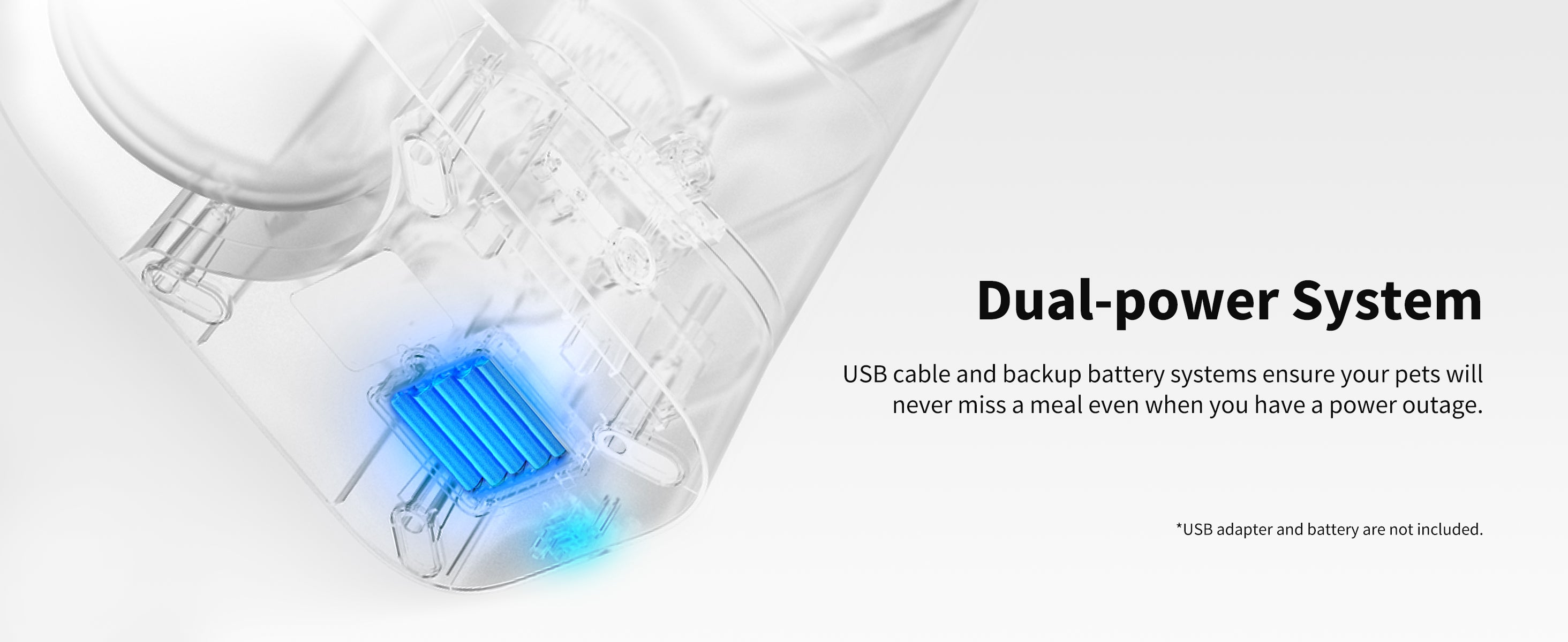 Fresh Element Solo automatic cat feeder dual-power system with USB cable and backup battery ensures pets never miss a meal during power outages