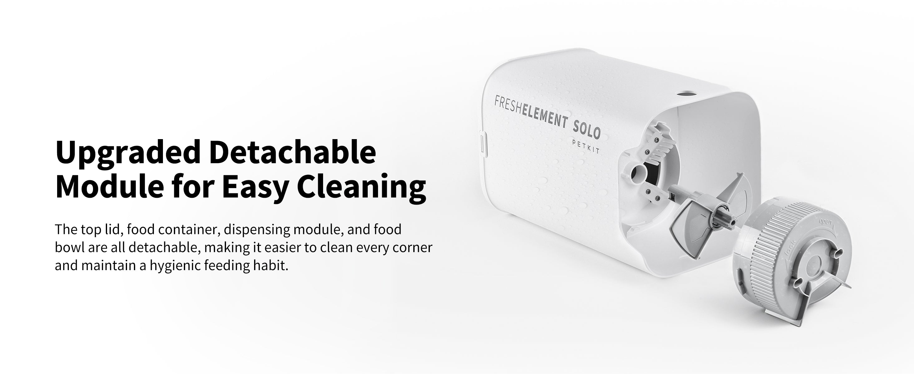 Fresh Element Solo automatic cat feeder with detachable top lid, food container, dispensing module, and bowl for thorough and hygienic cleaning