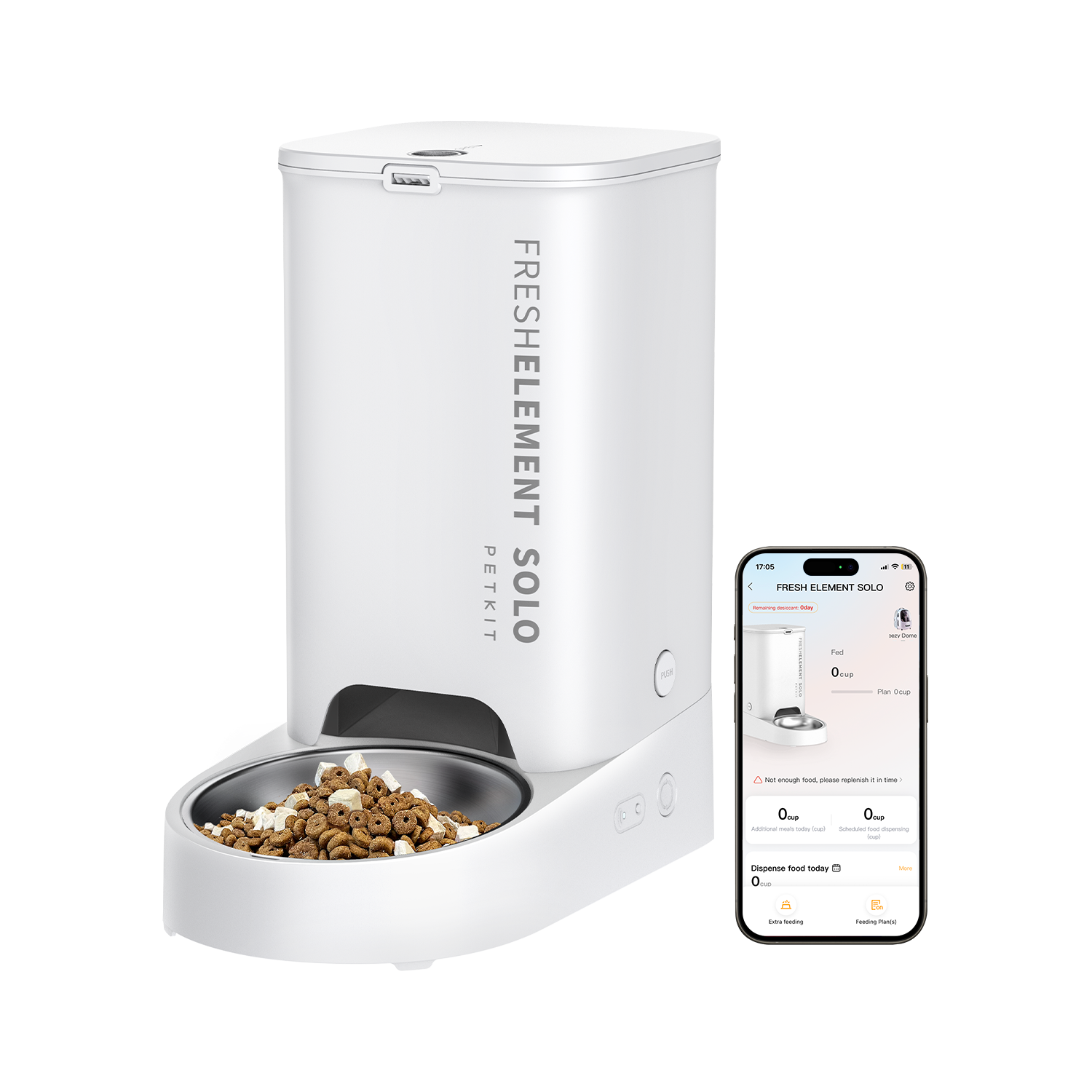 Fresh Element Solo automatic cat feeder shown with mobile app interface for remote control