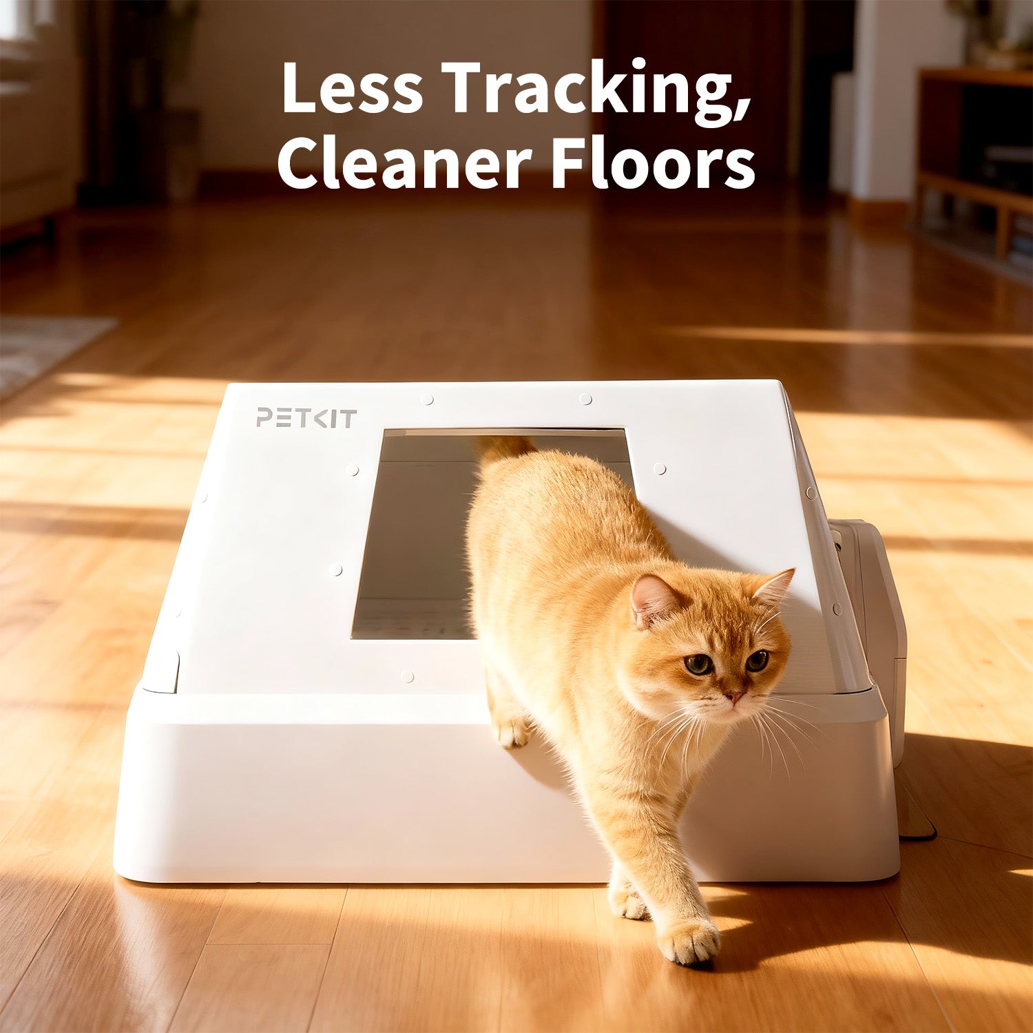 Front-Entry Hood with a cat stepping out, showing how the design helps reduce litter tracking and keeps floors cleaner