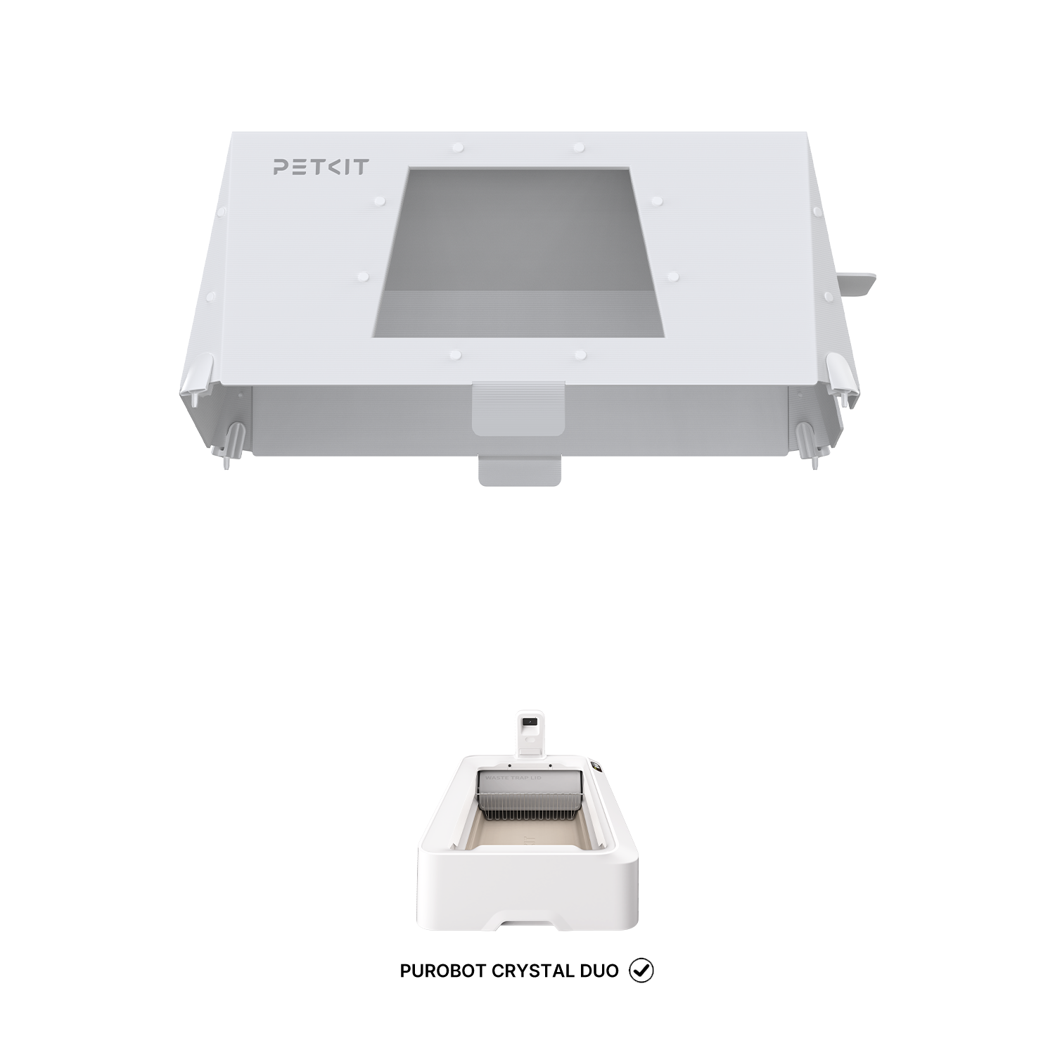 Front-Entry Hood shown with the PUROBOT CRYSTAL DUO cat litter box, highlighting perfect compatibility and a clean, modern look
