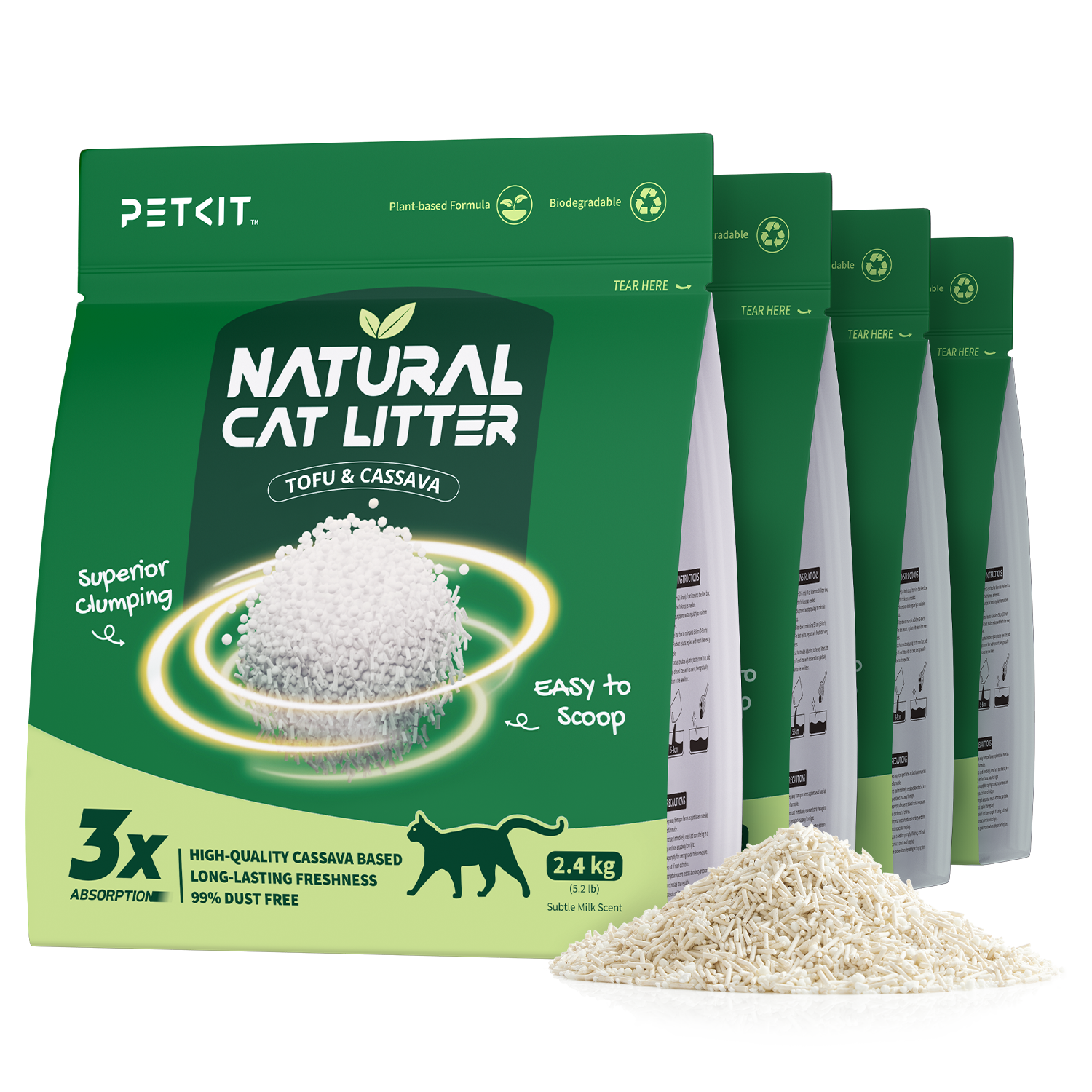 Natural Cat Litter 4 bags showing plant-based litter texture and granule appearance