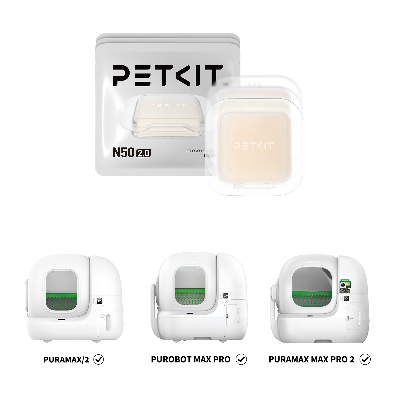 Pet Odor Eliminator N50 2.0 displayed with compatible PETKIT automatic litter boxes including PuraMax, PuraMax 2, Purobot Max Pro and Purobot Max Pro 2 Automatic Litter Box, designed for waste bin odor control
