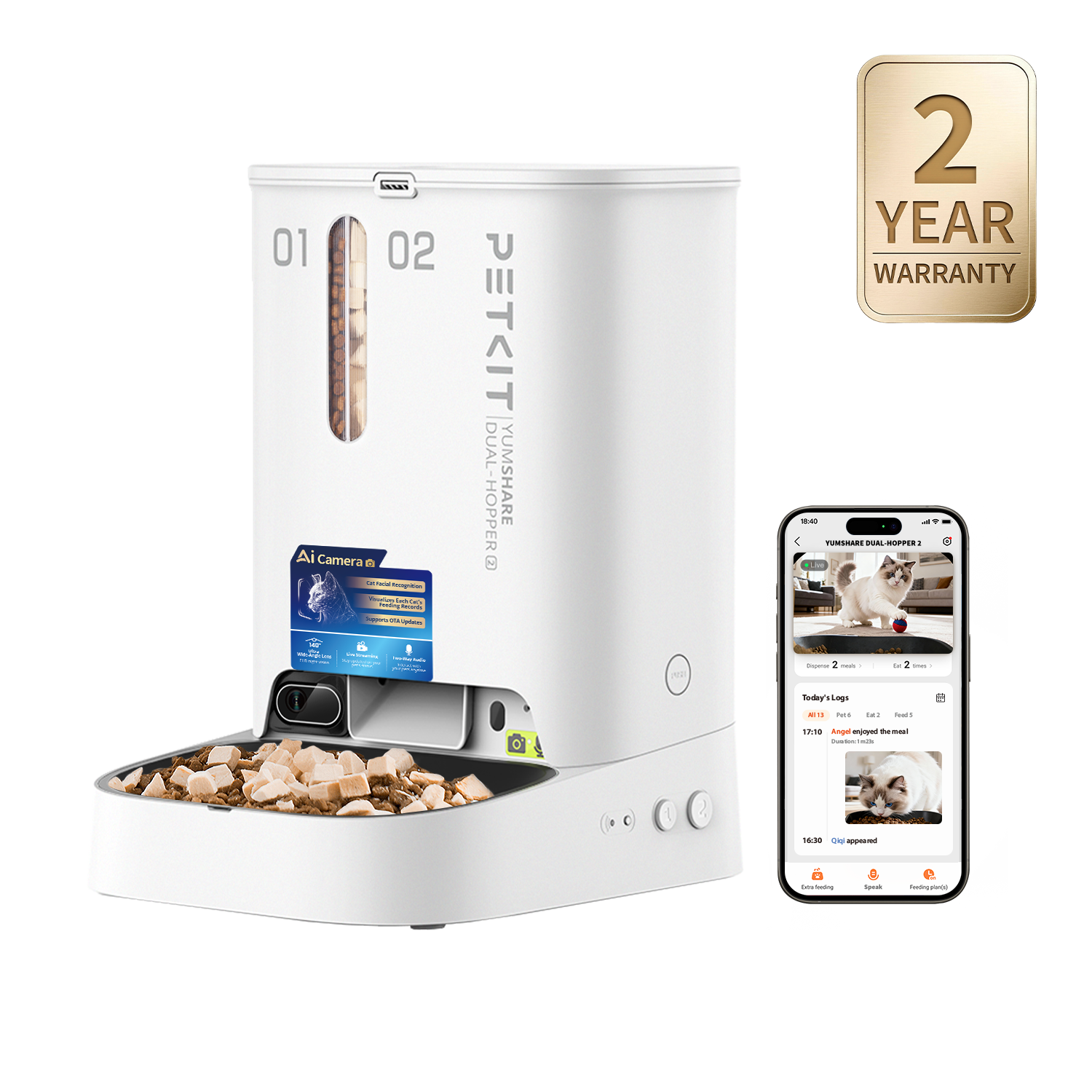 PETKIT YumShare Dual-Hopper 2 automatic pet feeder with camera for real-time monitoring with a smartphone displaying app interface on a white background, featuring a 2-year warranty badge.
