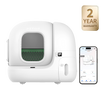 PuraMax 2 Automatic Cat Litter Box with smartphone app control, showing real-time operation and easy remote management with 2-year warranty badge on a white background