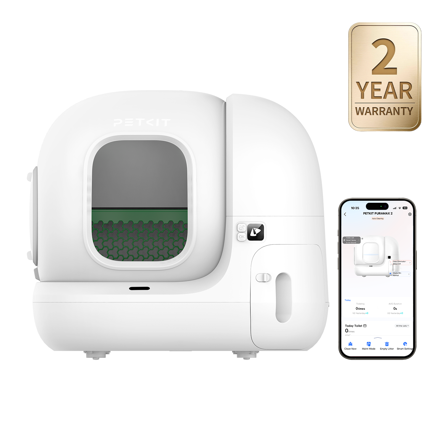 PuraMax 2 Automatic Cat Litter Box with smartphone app control, showing real-time operation and easy remote management with 2-year warranty badge on a white background