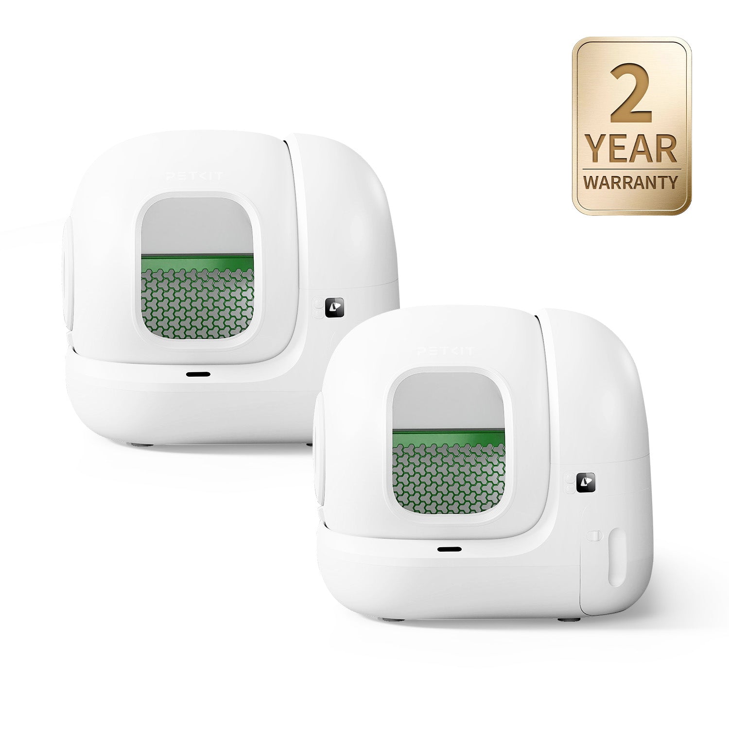 Two PuraMax 2 Automatic Litter Boxes with a 2-year warranty badge on a white background