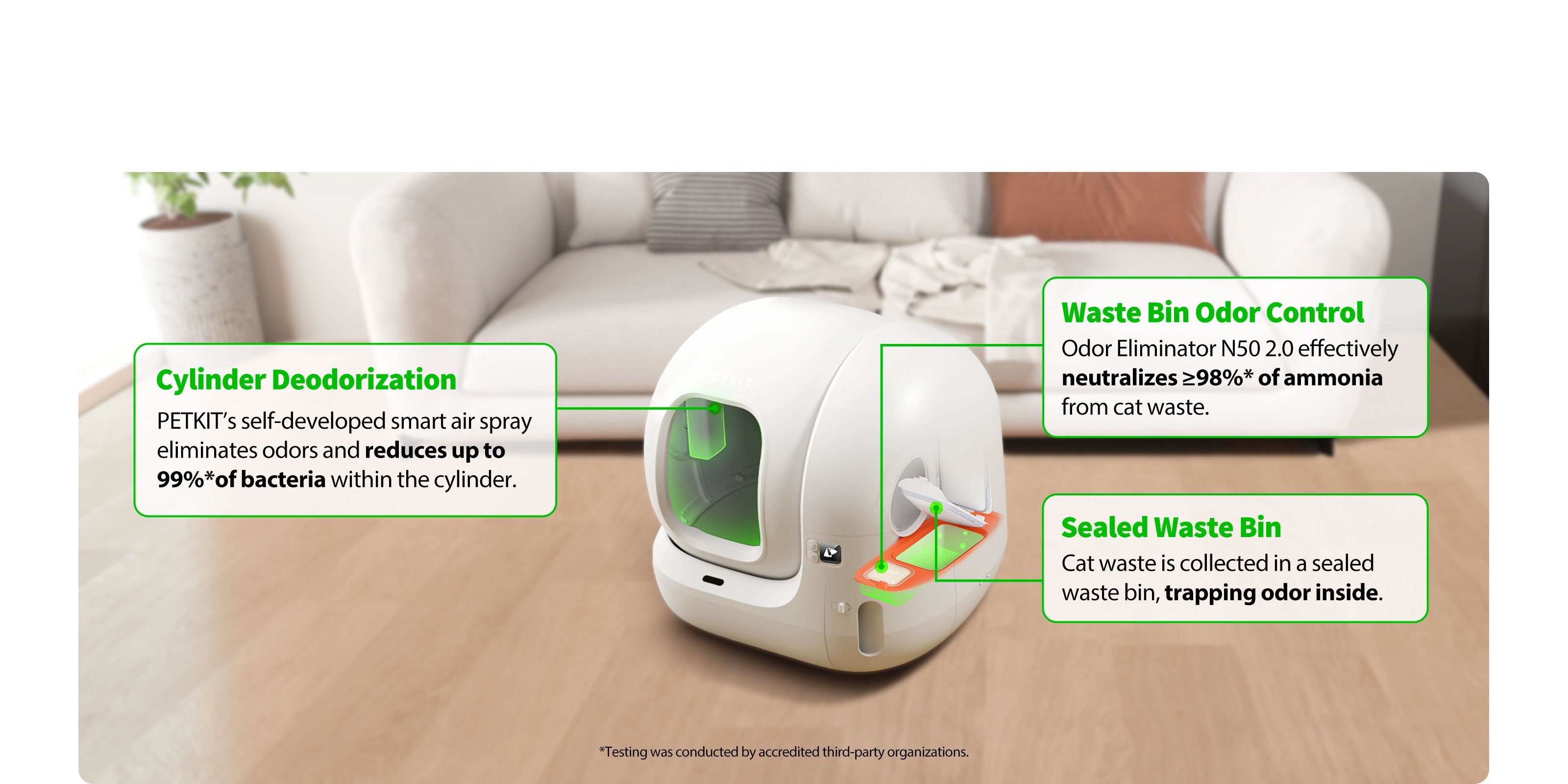 PuraMax 2 Automatic Cat Litter Box triple odor control system including cylinder deodorization for a fresh home environment