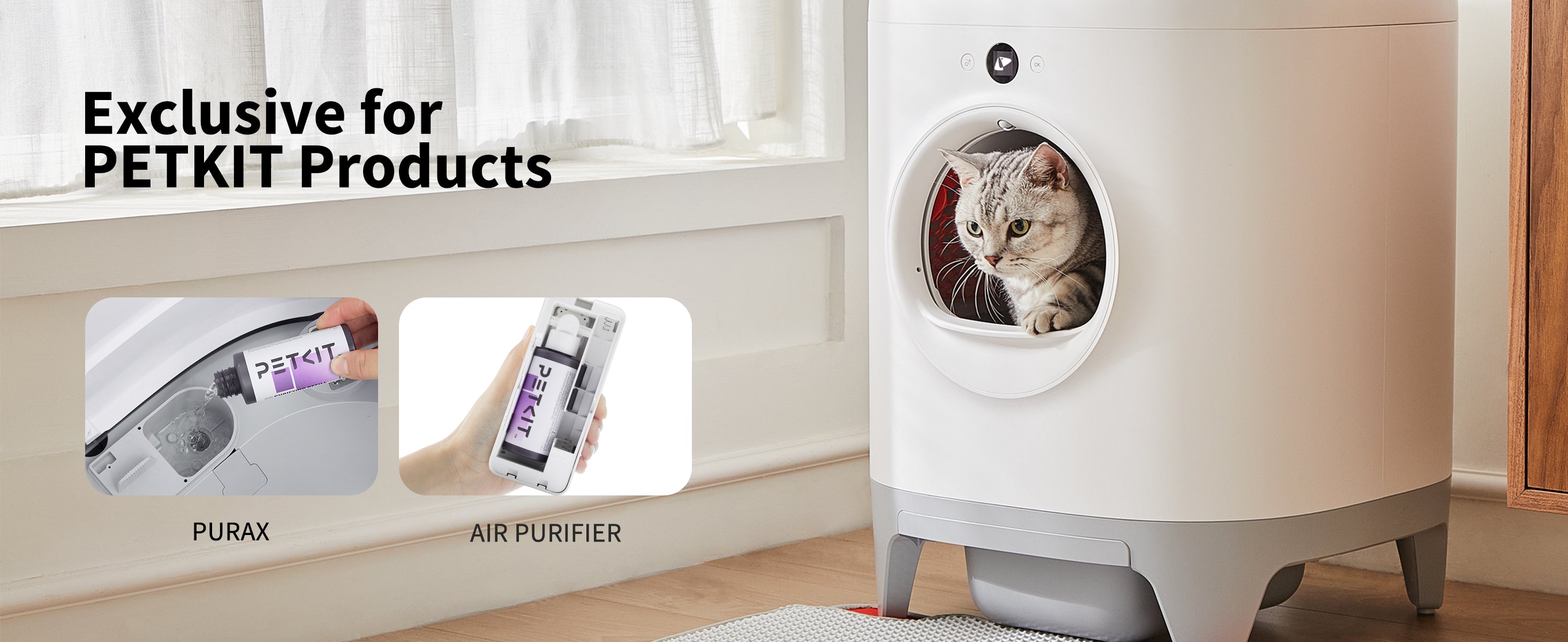 Purifying Liquid Refill installed in PETKIT litter box air purifier, showing cat using the litter box while maintaining clean and odor-free environment