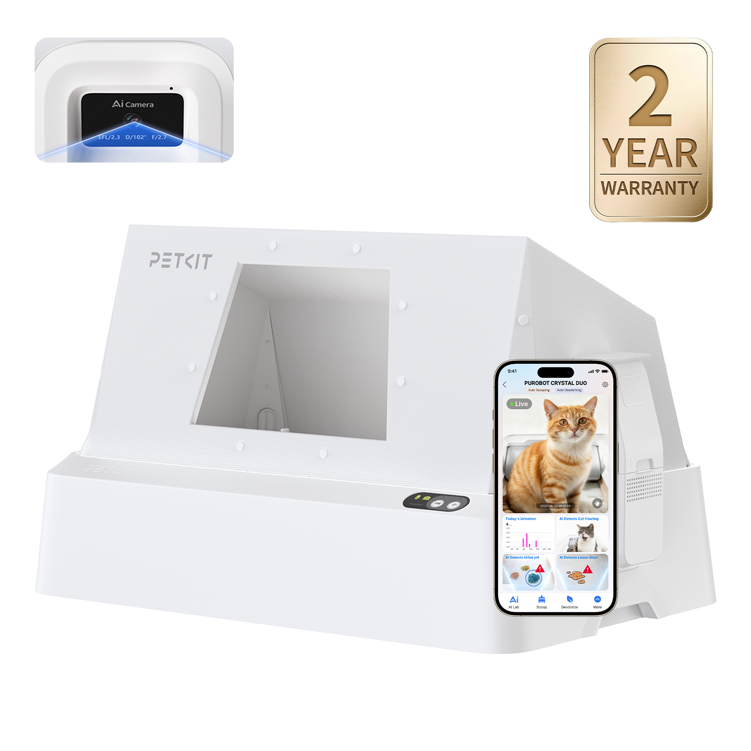 PUROBOT CRYSTAL DUO automatic cat litter box with hood, features an open-top design and AI camera for modern homes and 2-year warranty badge on a white background
