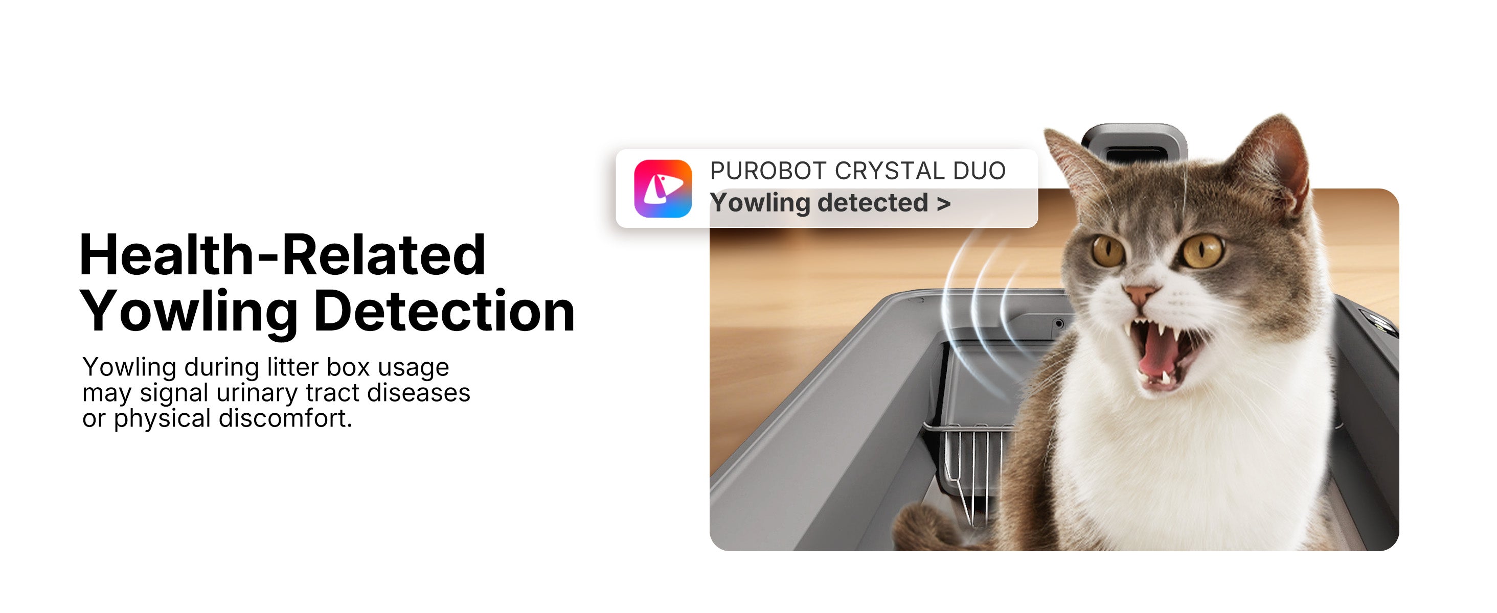 Health-related yowling detection feature of the Purobot Crystal Duo, identifying signs of urinary tract discomfort during litter box usage.