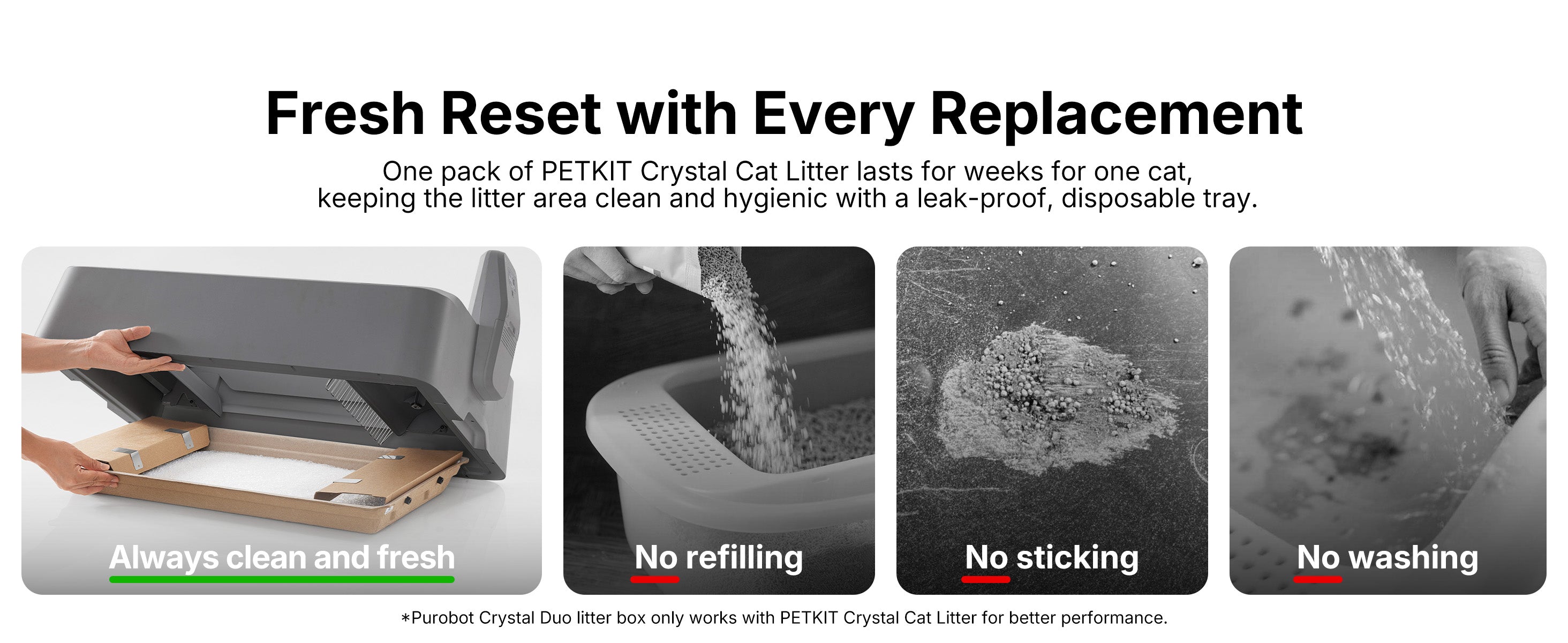 Close-up of the Purobot Crystal Duo fresh reset system, showing the leak-proof disposable tray that eliminates the need for refilling, sticking, or washing.