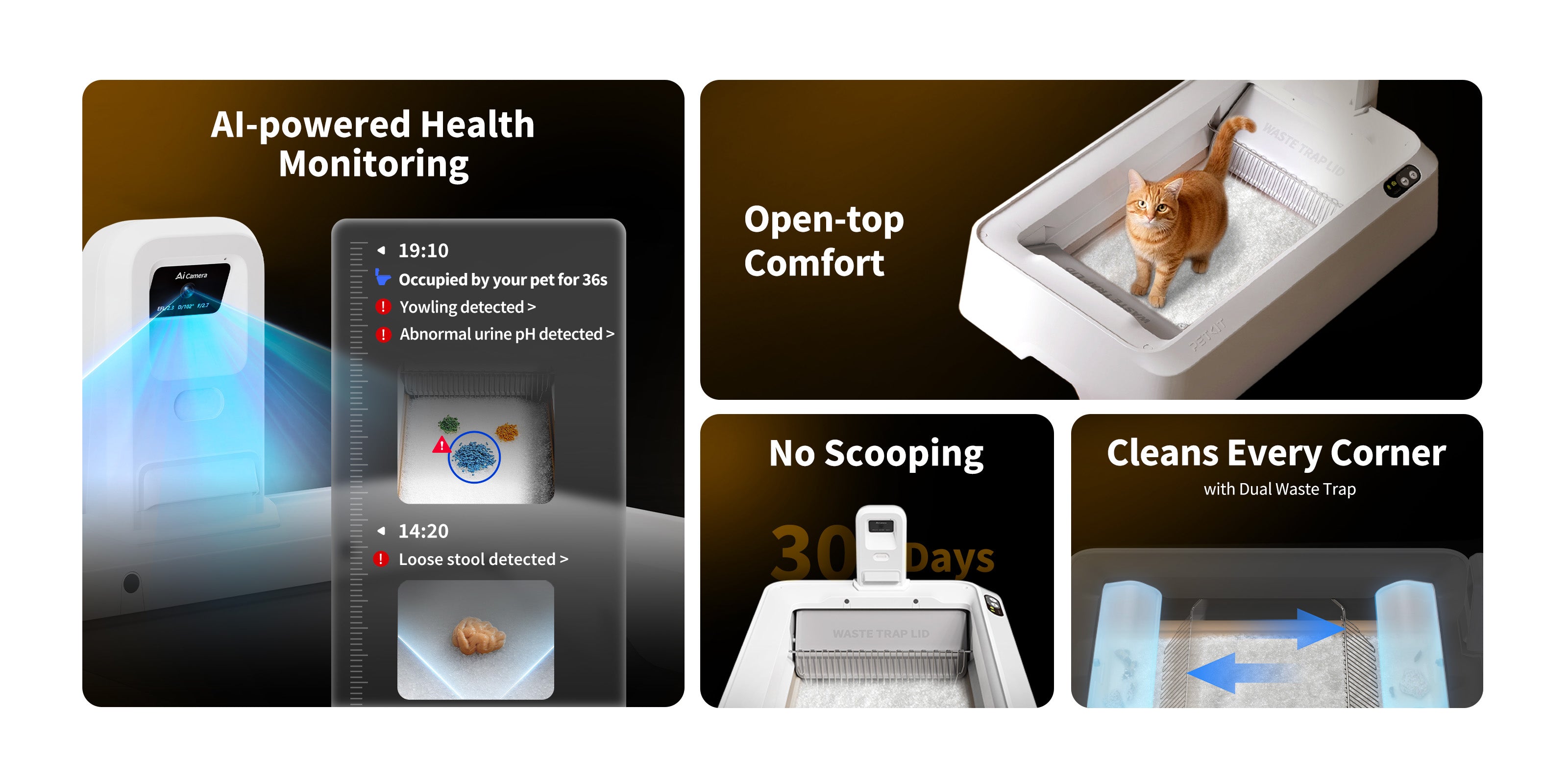 Key features of Purobot Crystal Duo including AI health monitoring, up to 30 days no scooping, dual waste traps, and open-top comfort design.