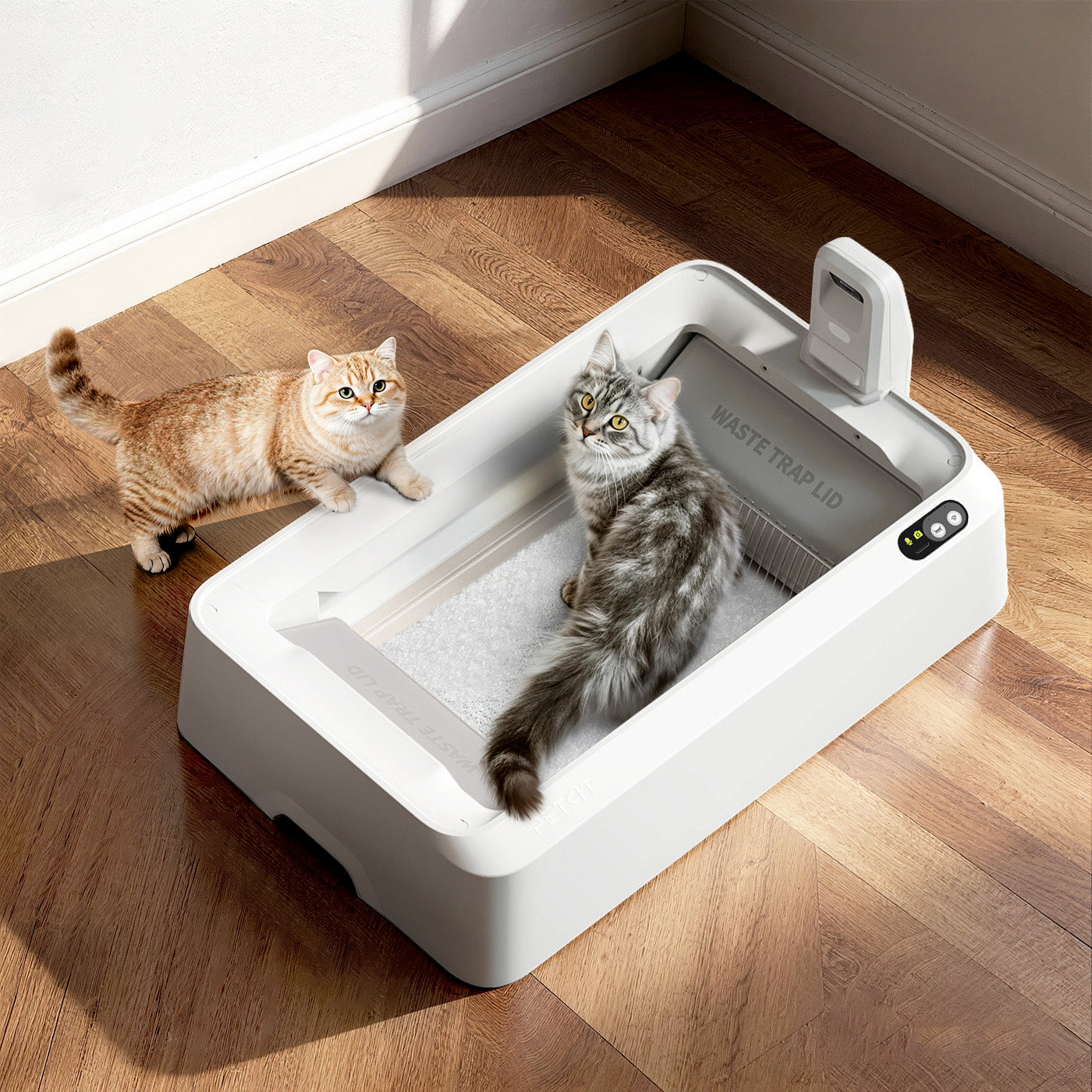 Spacious litter box allows large cats to turn freely and lets senior or short-legged cats step in easily without stairs.