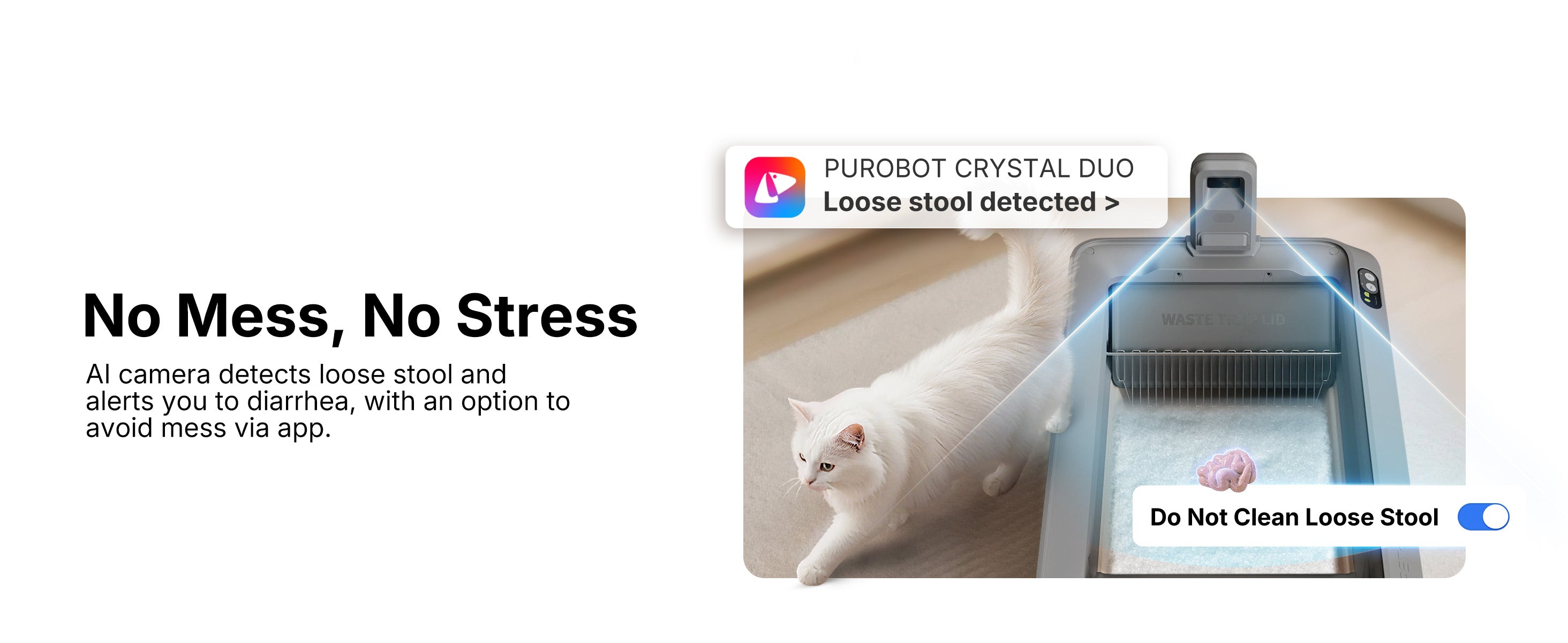 Purobot Crystal Duo AI camera detecting loose stool to avoid mess, with an app option to skip cleaning and alert the pet owner to diarrhea.