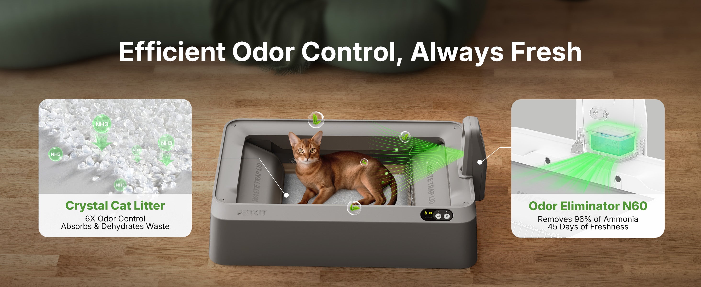 Visualizing the efficient odor control of Purobot Crystal Duo, combining Crystal Cat Litter and the N60 Odor Eliminator to remove 96% of ammonia.
