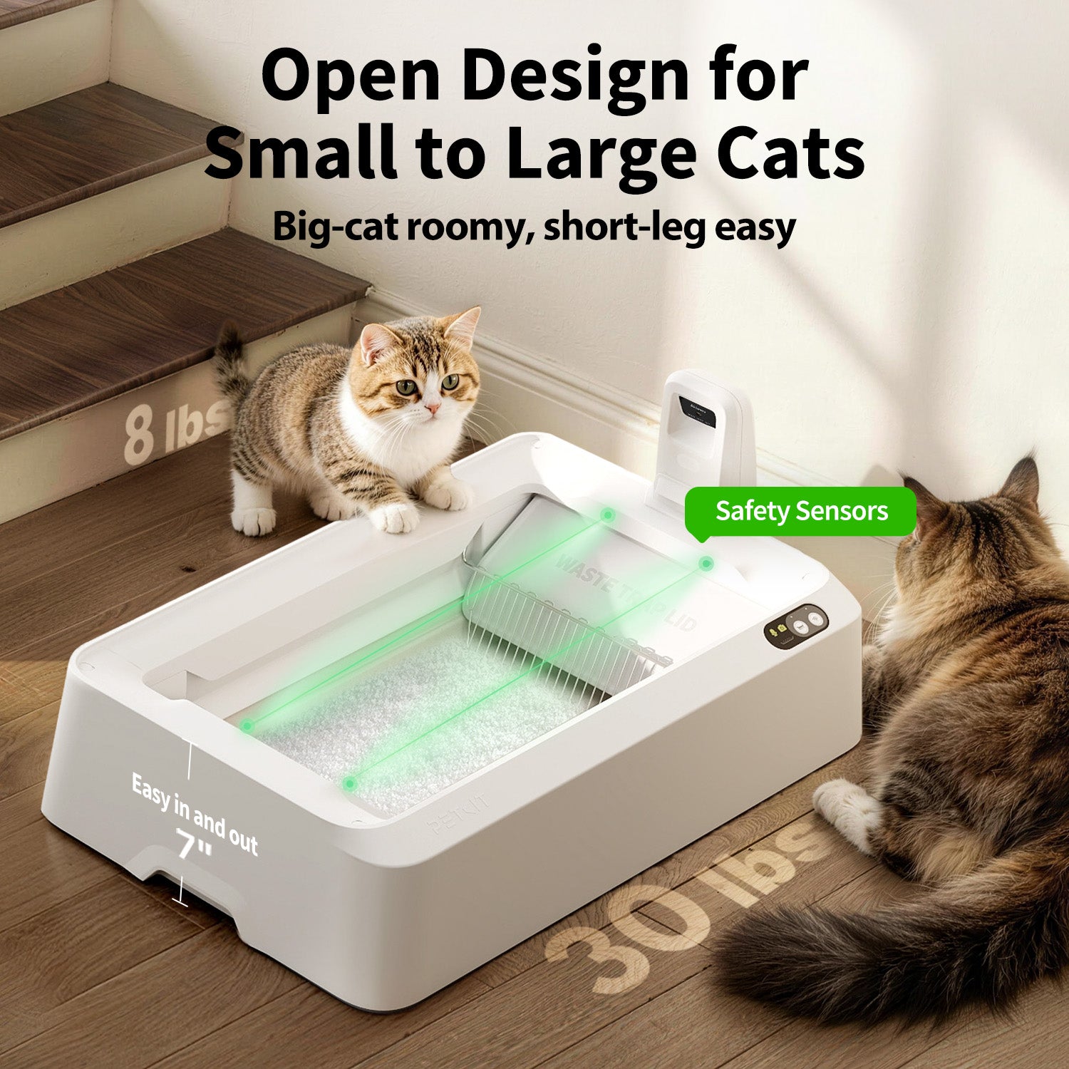 Open-top PUROBOT CRYSTAL DUO litter box with safety sensors, designed for all cats and safe daily use.