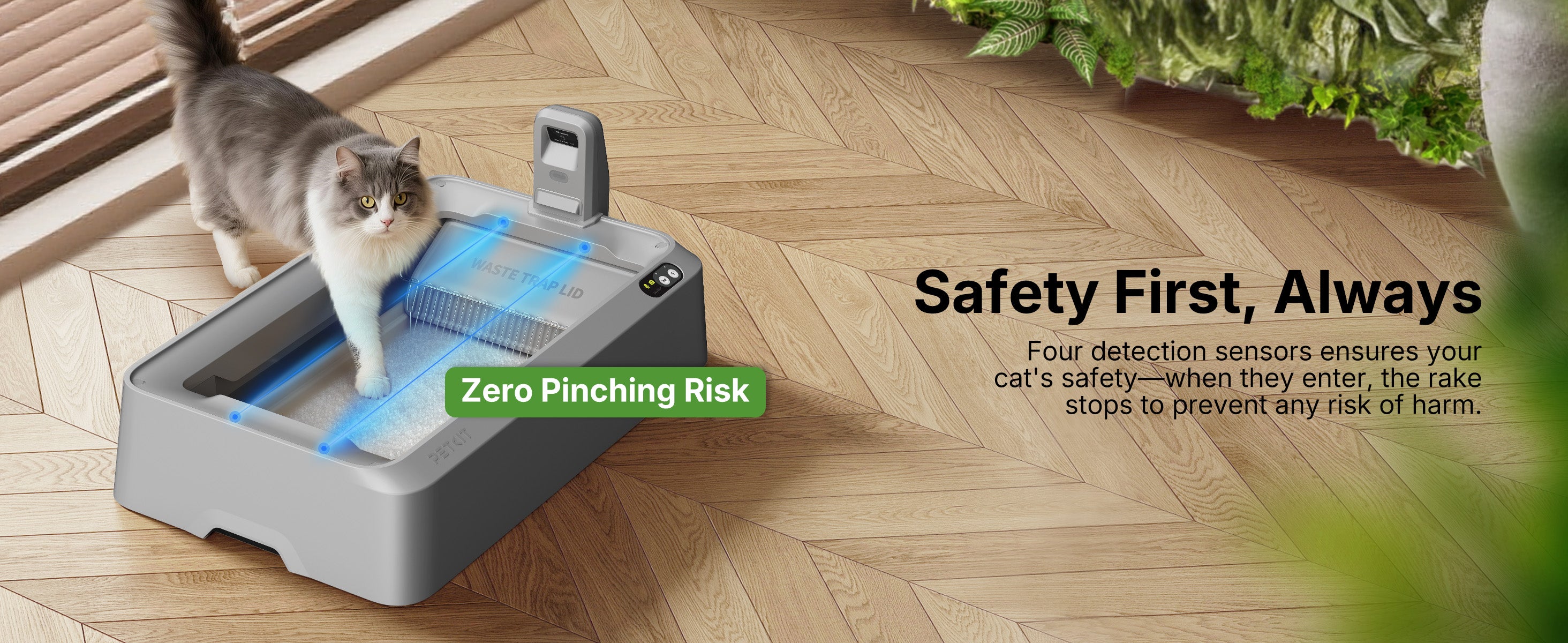 Demonstrating the safety features of the Purobot Crystal Duo, showing four detection sensors that prevent a cat from being pinched by stopping the raking mechanism instantly upon entry.