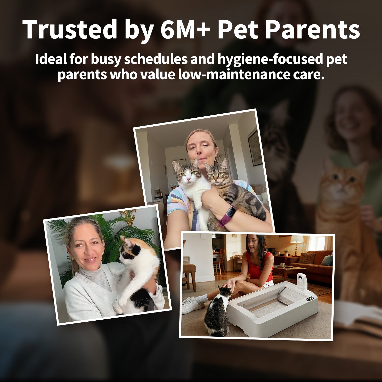 Purobot Crystal Duo automatic cat litter box istrusted by over 6 million pet parents, shown with real customer photos of cats and owners.