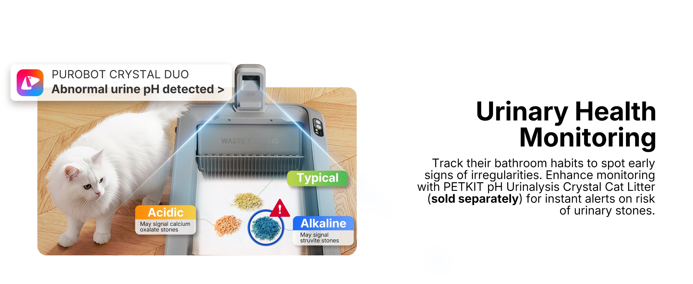 Advanced urinary health monitoring on the Purobot Crystal Duo, using AI to detect urine pH levels and alert owners to potential health issues.