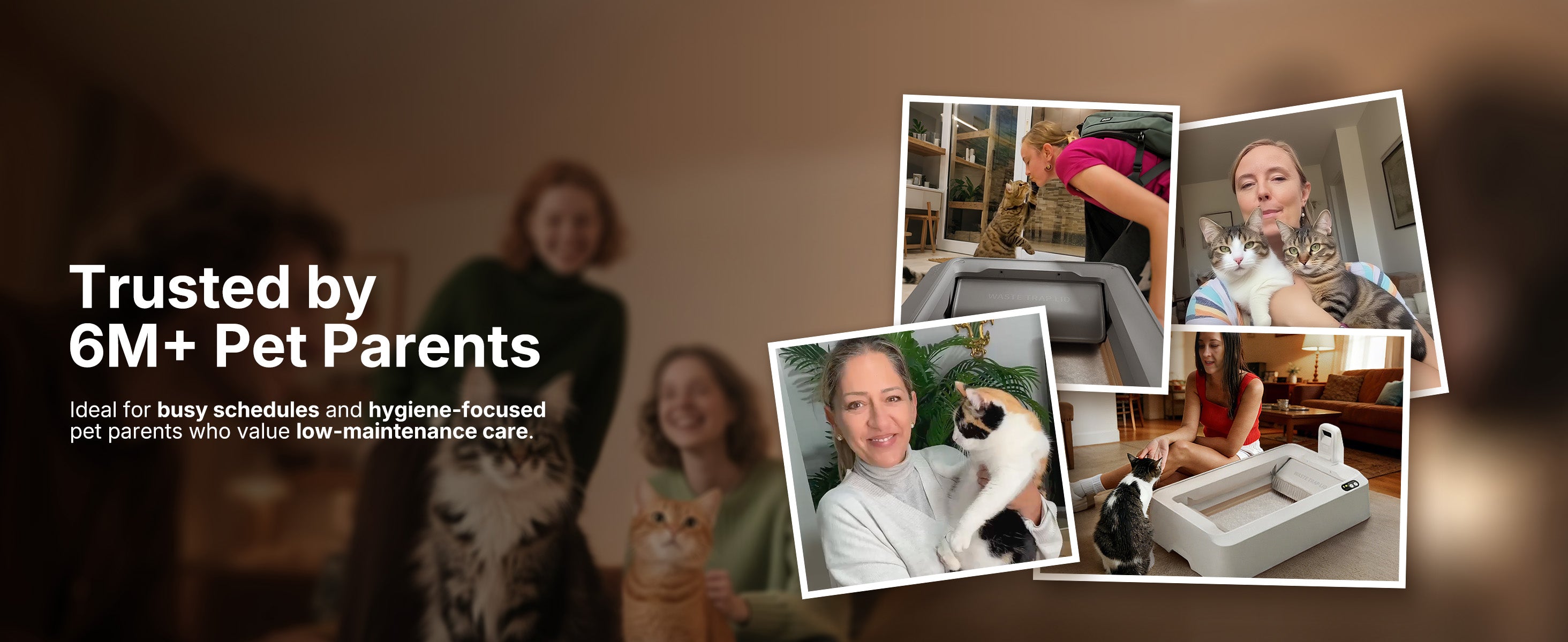 Social proof montage showing pet parents using the Purobot Crystal Duo cat litter box, trusted by over 6 million users for low-maintenance pet care.
