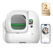 The PUROBOT MAX PRO 2 automatic litter box featuring a 2-year-warranty badge can be controlled via a smartphone app
