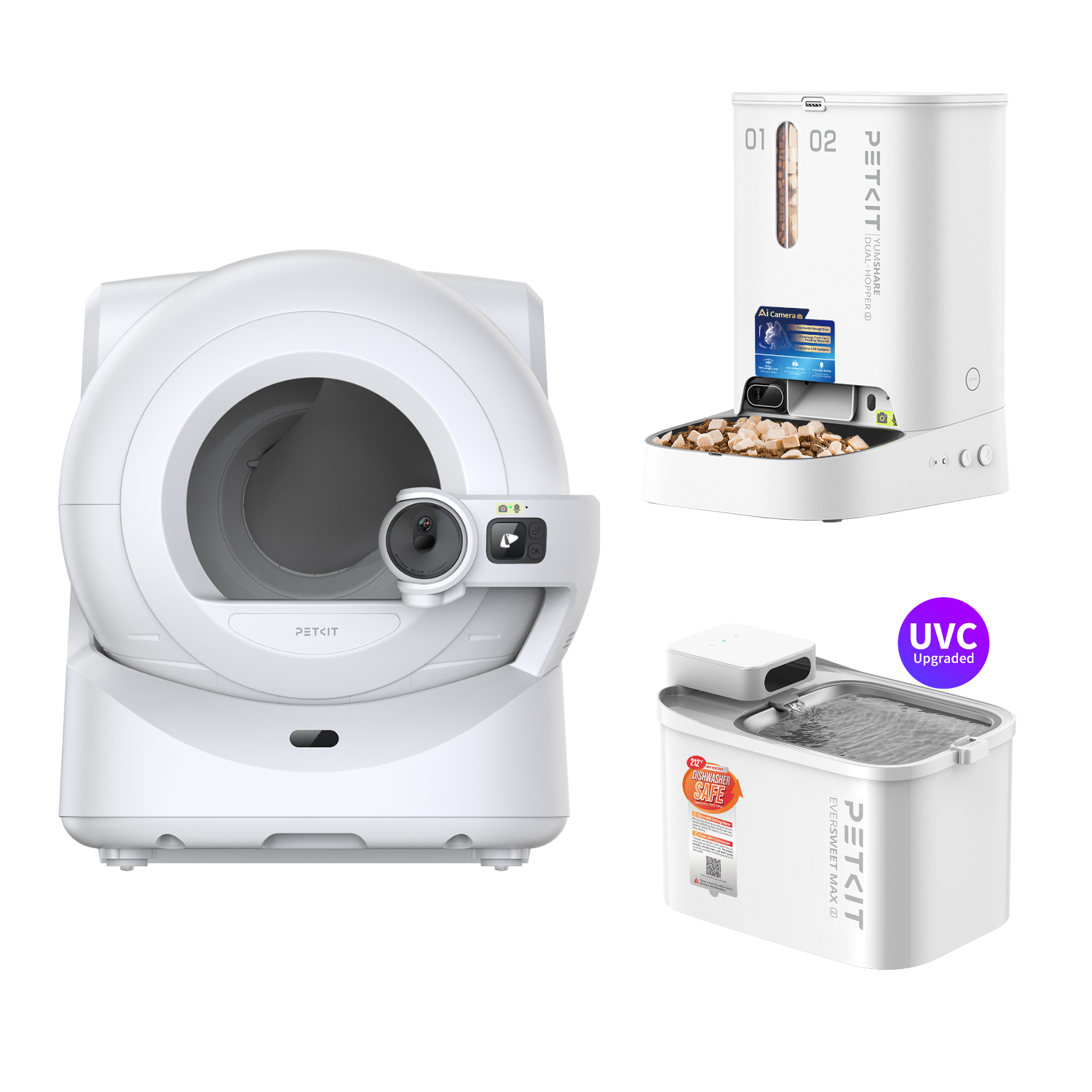 Pet care bundle featuring Purobot Ultra automatic litter box with AI camera, YumShare Dual-hopper 2 feeder, and EverSweet Max 2 UVC water fountain