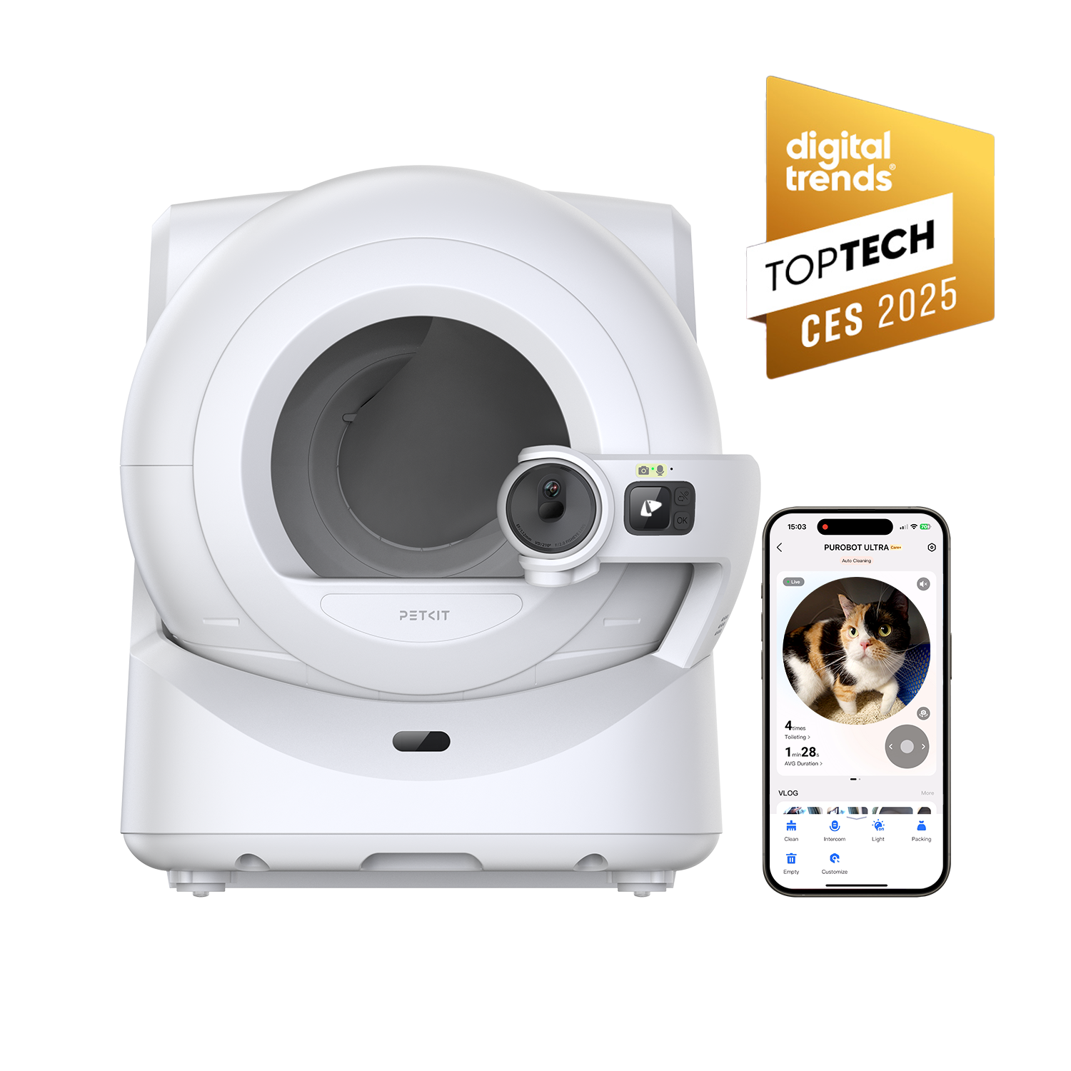 Purobot Ultra Automatic Cat Litter Box with PETKIT app interface, highlighting remote control and convenient litter box management