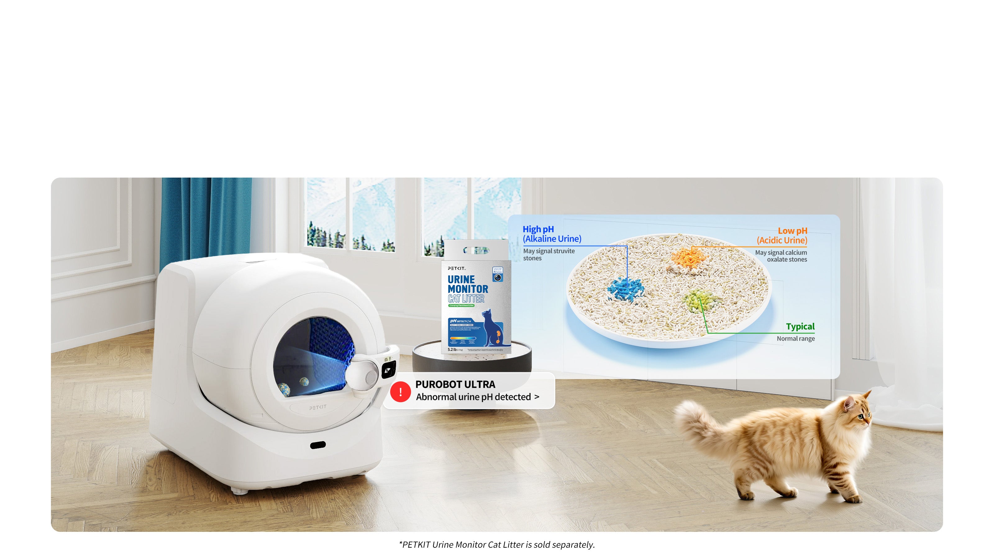 Purobot Ultra Automatic Cat Litter Box detecting urine pH changes using PETKIT Urine Monitor Cat Litter, alerting owners to potential urinary disease before symptoms worsen