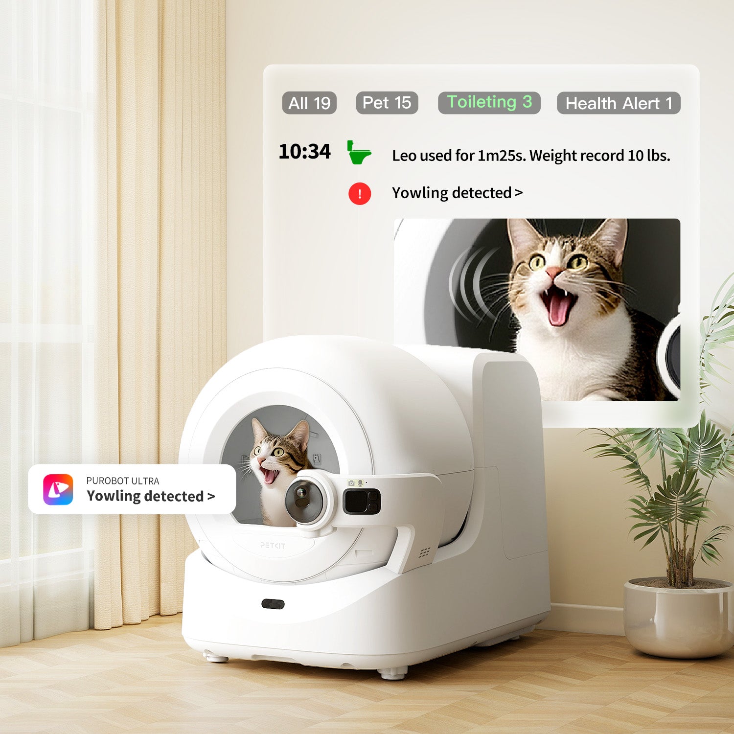 Purobot Ultra Automatic Cat Litter Box detecting yowling signals during toileting, sending app alerts to indicate potential urinary tract issues or discomfort