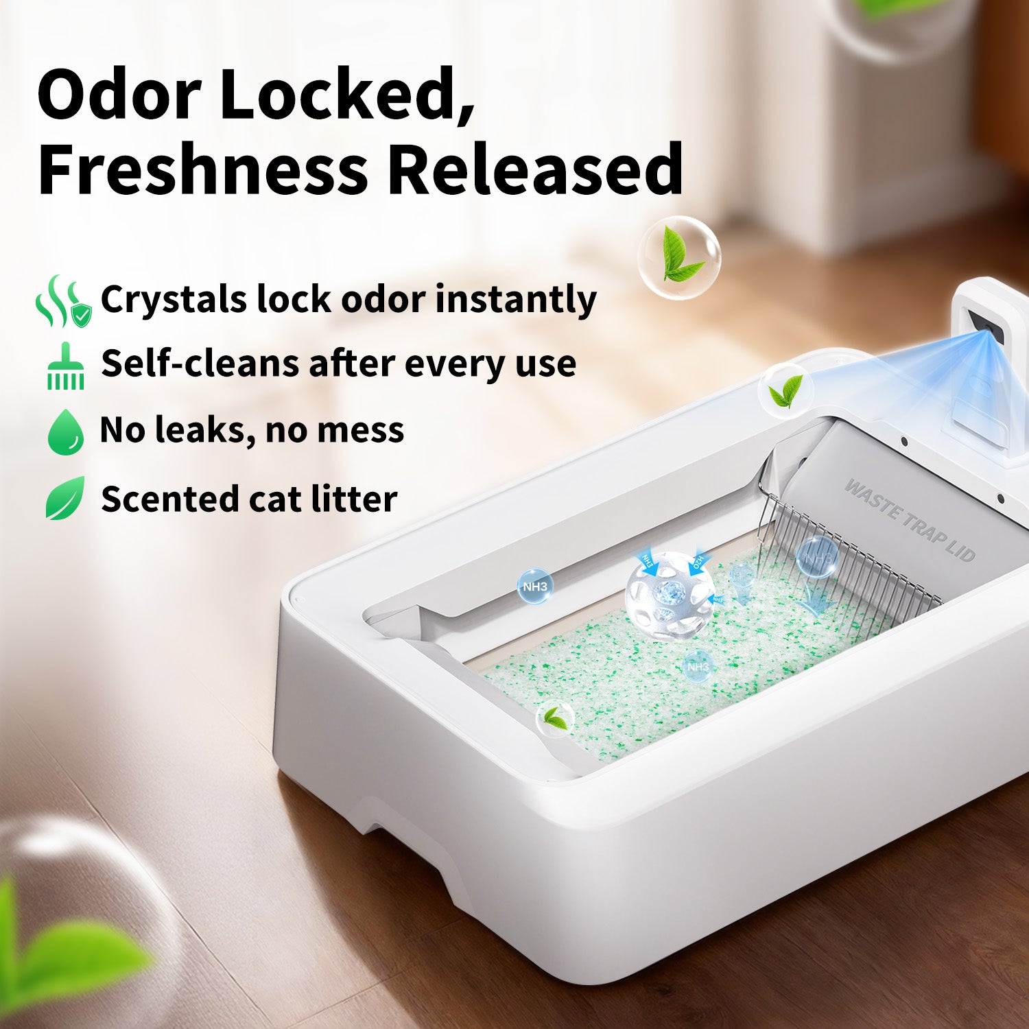 Crystal cat litter locks odors instantly, featuring fresh scent.