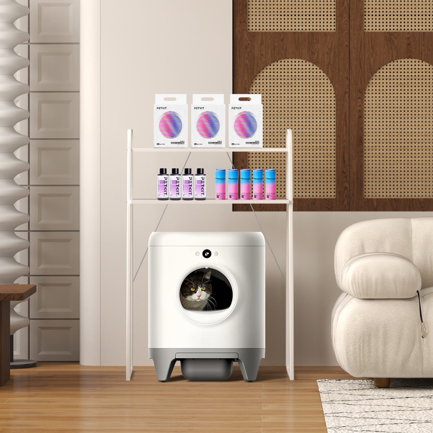 Storage Shelf compatible with PuraX Automatic Litter Box, supporting a clean and organized cat care area