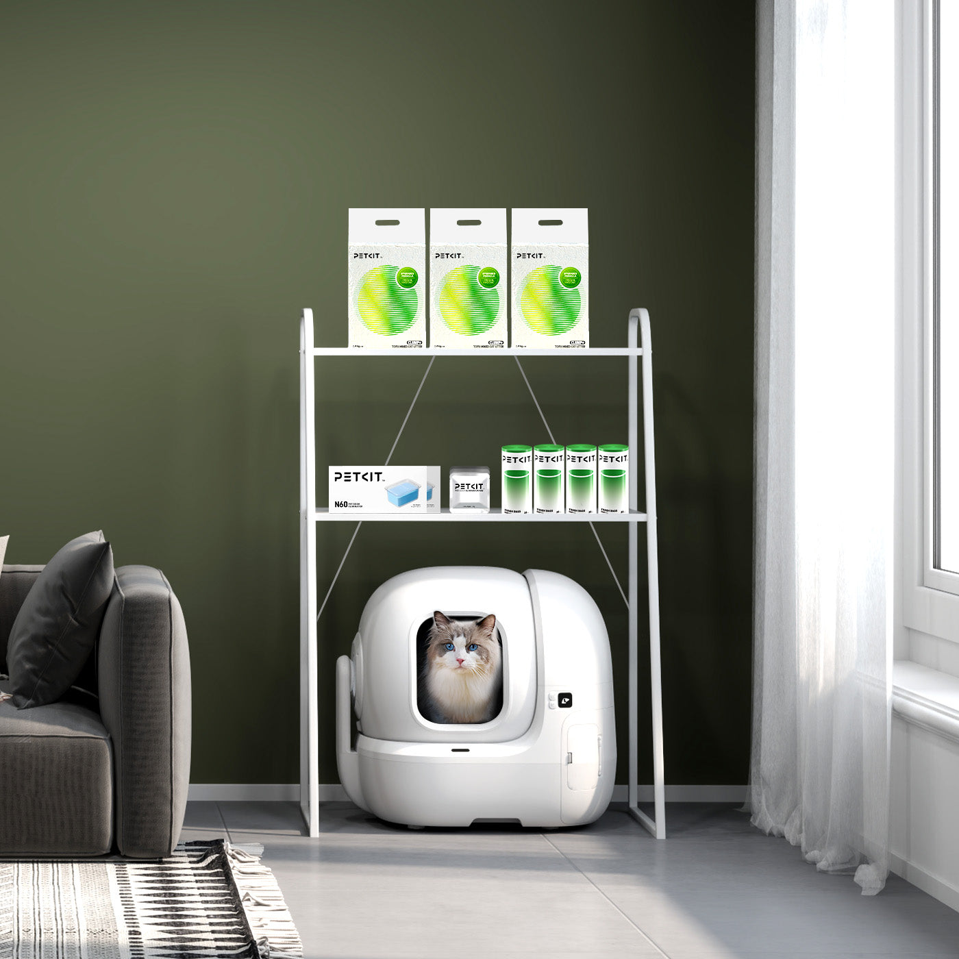 Storage Shelf compatible with Purobot Max Pro 2 Automatic Litter Box, allowing tidy storage while maintaining accessibility