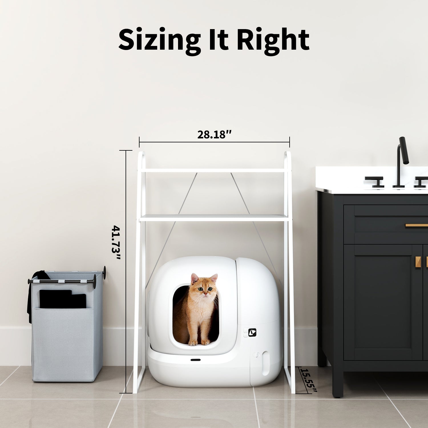 Storage Shelf paired with PuraMax 2 Automatic Litter Box, demonstrating correct shelf sizing and usage scenario
