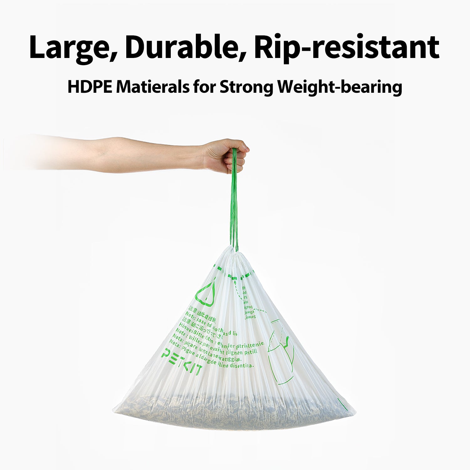 Trash bags made from durable HDPE material, offering strong weight-bearing capacity and rip-resistant performance