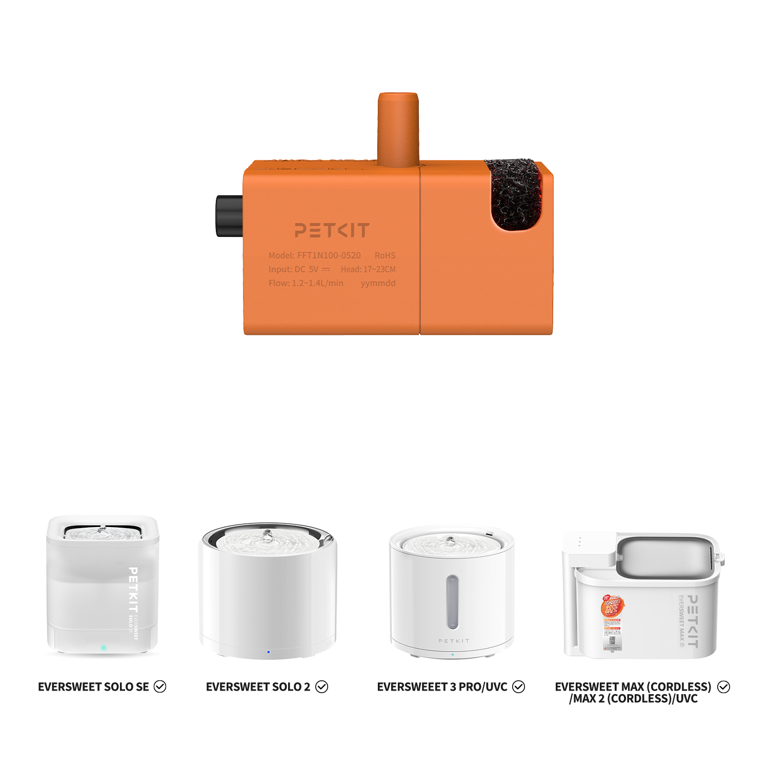 Wireless water pump FFT1-2 compatible with PETKIT EverSweet SOLO 2, 3 PRO, MAX (CORDLESS), MAX 2 (CORDLESS)/UVC fountains