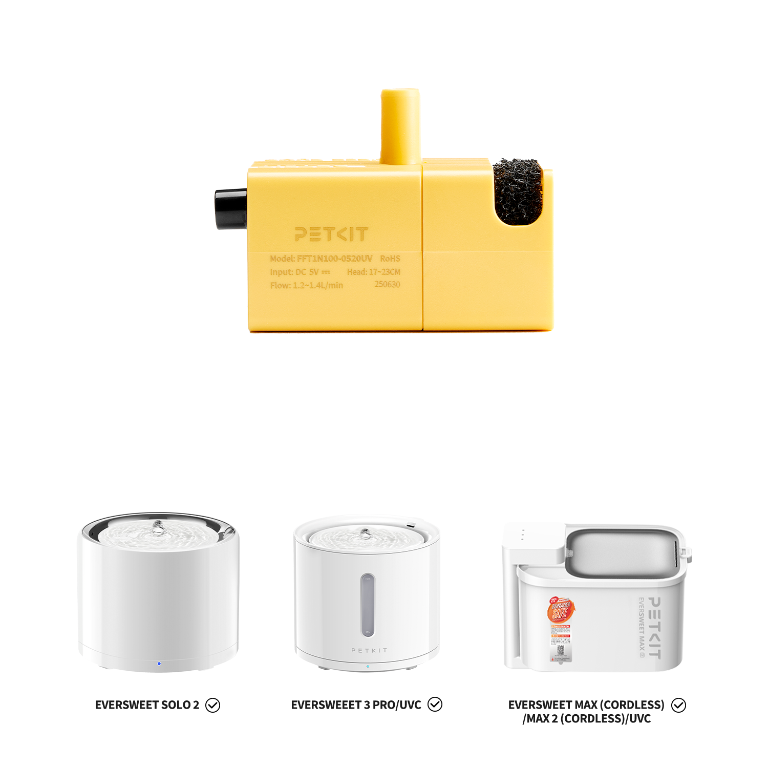 Wireless water pump FFT1-2 UVC compatible with PETKIT EverSweet SOLO 2, 3 PRO, MAX (CORDLESS), MAX 2 (CORDLESS)/UVC fountains