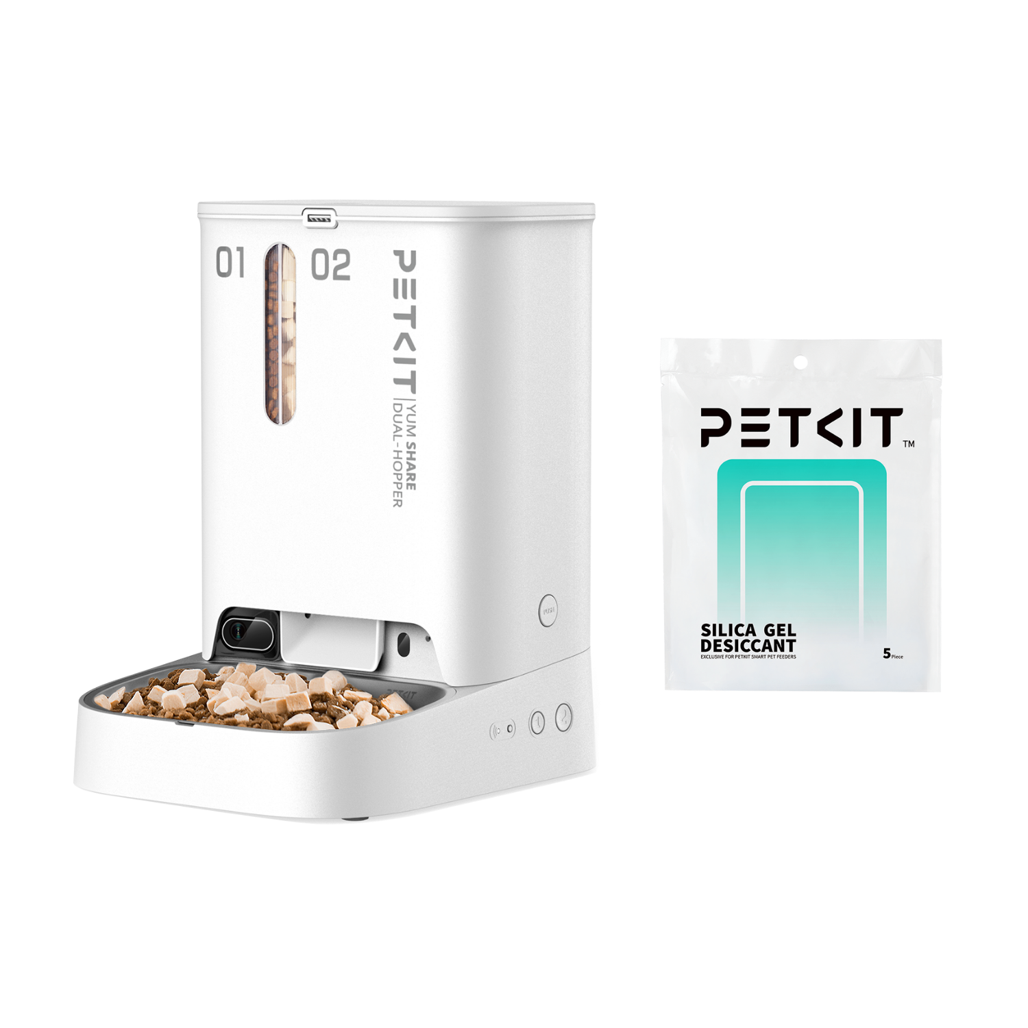 PETKIT YumShare Dual-hopper Automatic Cat Feeder with Camera bundled with high-quality desiccant packs for long-lasting food freshness