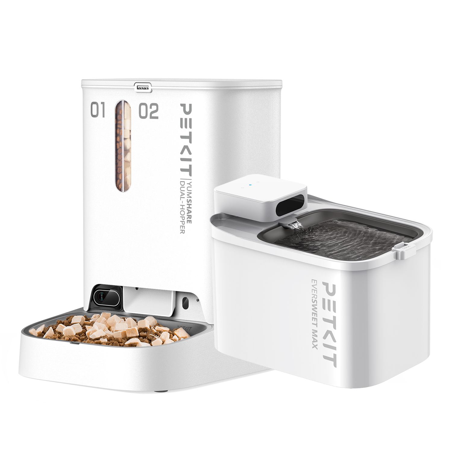 PETKIT YumShare Dual-hopper Automatic Cat Feeder with Camera paired with PETKIT EverSweet Max pet water fountain, bundle set for convenient feeding and hydration