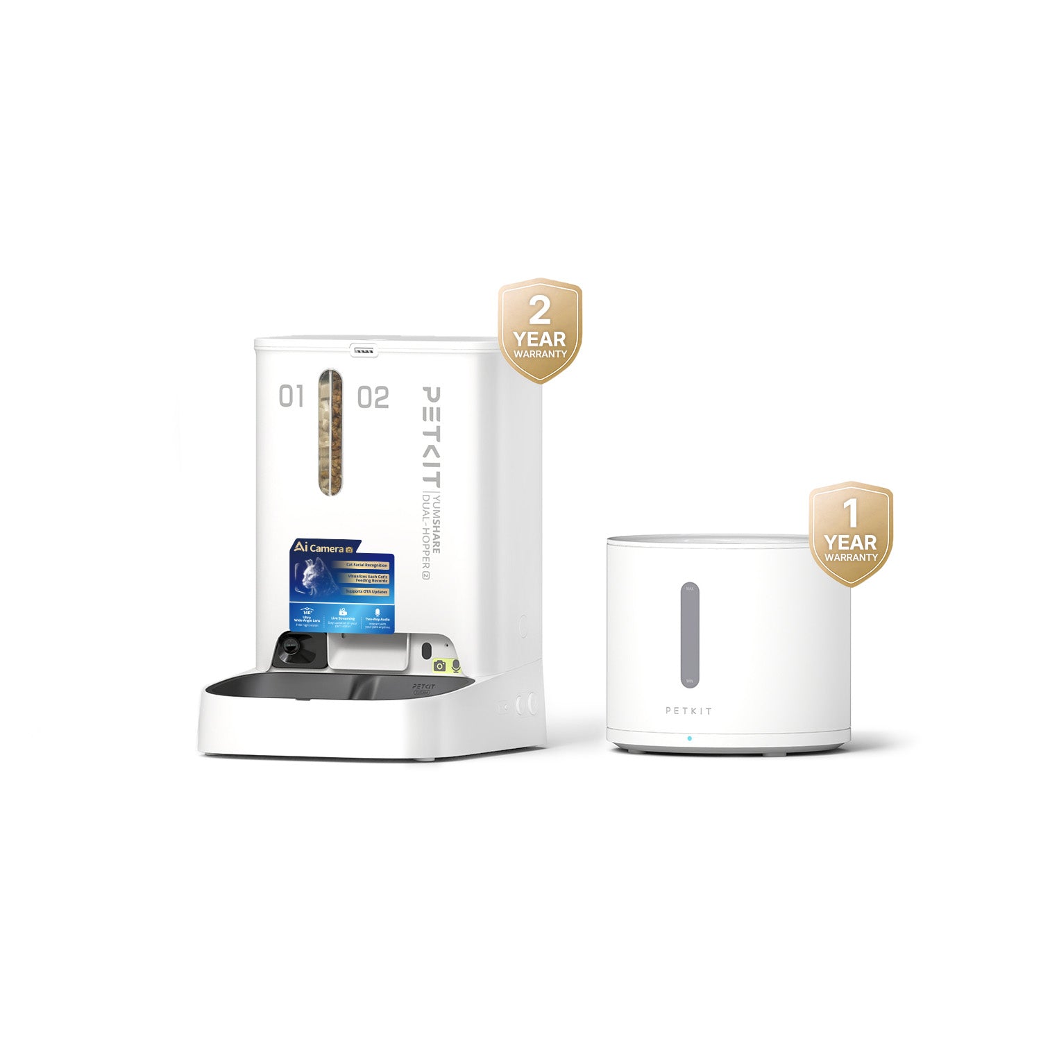 YumShare Dual-hopper 2 smart pet feeder paired with EverSweet Solo 2 Visible Water Level Pet Water Fountain
