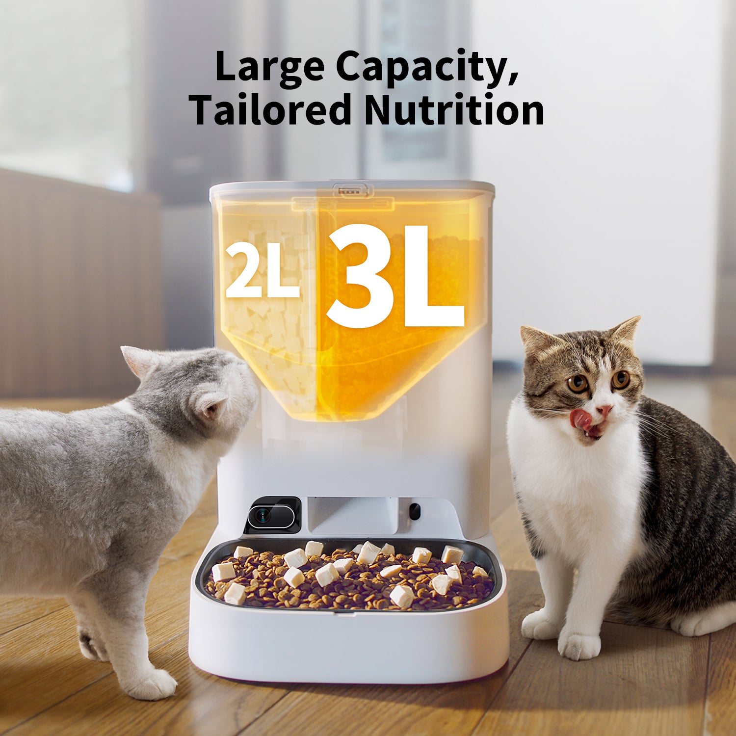 PETKIT YumShare Dual-hopper Automatic Cat Feeder with Camera highlighting 2L+3L dual hopper for tailored nutrition