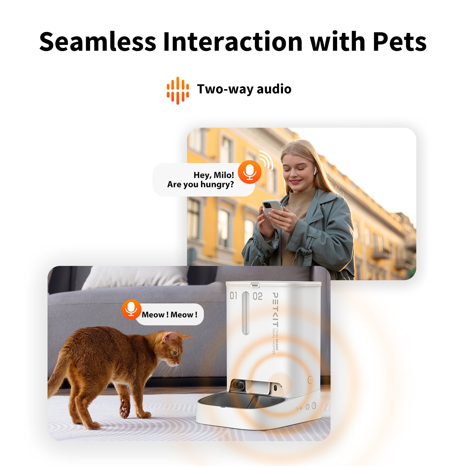 PETKIT YumShare Dual-hopper Automatic Cat Feeder with Camera showcasing two-way audio for seamless interaction with pets