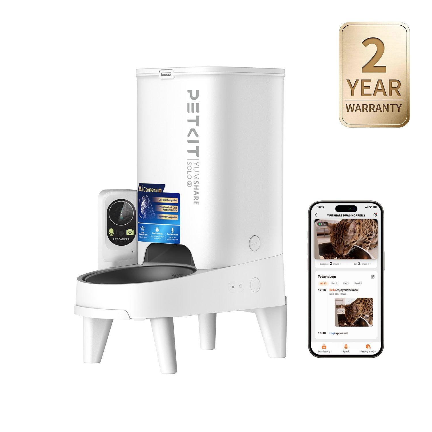YumShare Solo 2 automatic cat feeder with app control interface and 2-year warranty badge, showing remote feeding management