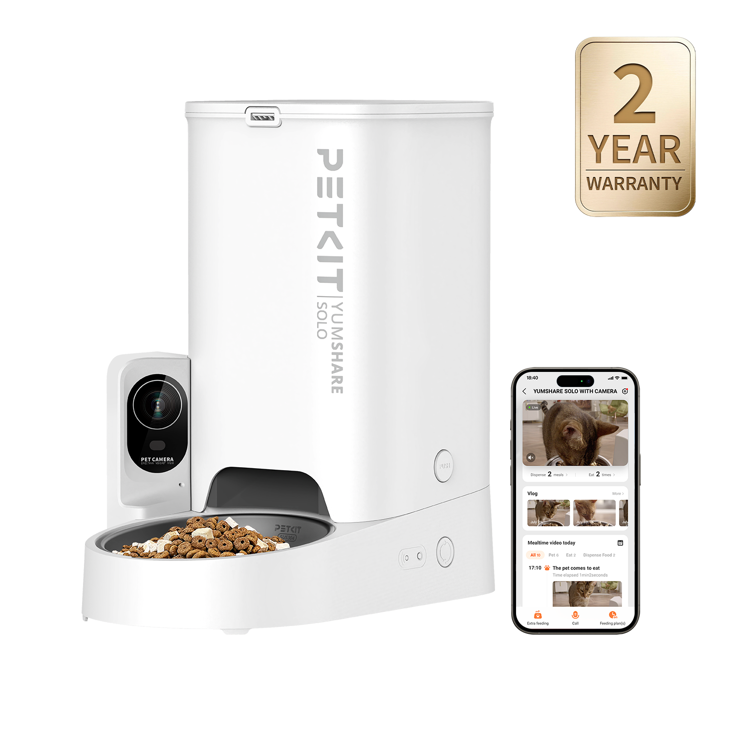 PETKIT YumShare Solo with camera automatic cat feeder shown with mobile app interface for remote feeding control with a 2-year warranty badge