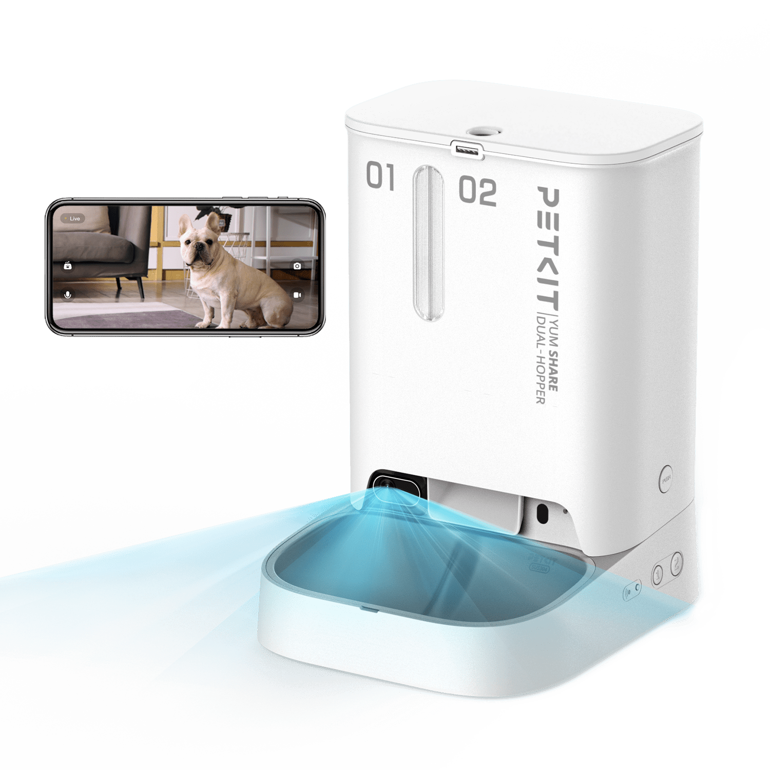 PETKIT YumShare Dual-hopper Automatic Cat Feeder with Camera featuring built-in camera with live view shown on smartphone screen